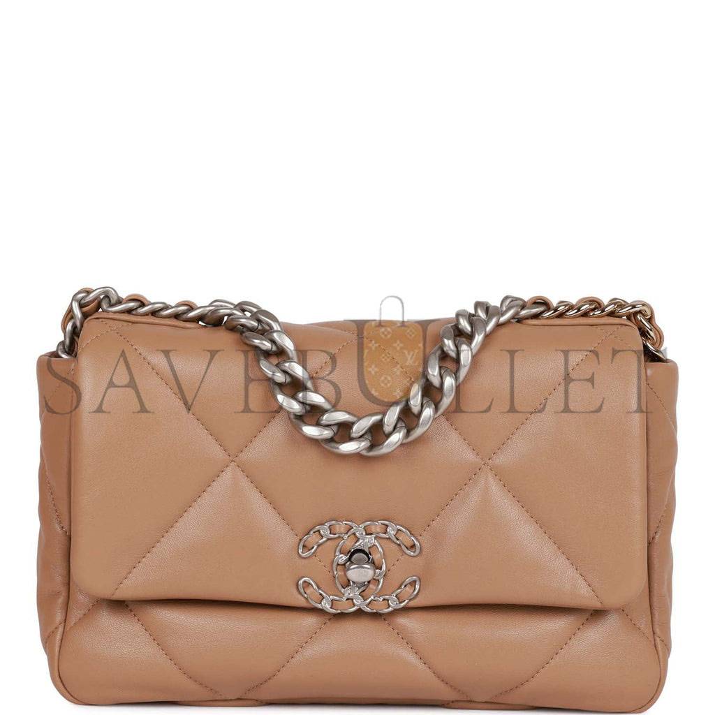 Ch*el medium 19 flap bag beige calfskin mixed hardware (25*16*9cm)