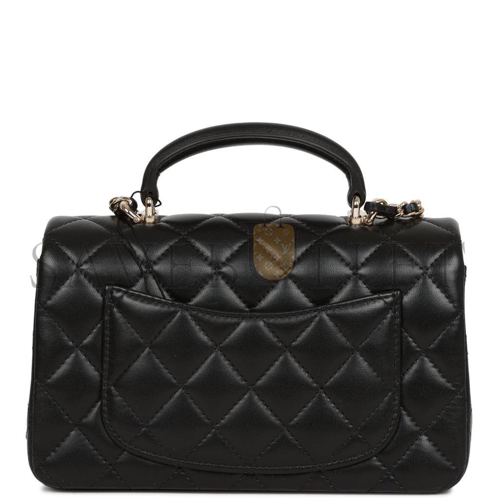 Ch*el mini rectangular flap bag with top handle black lambskin light gold hardware (22*15*8cm)