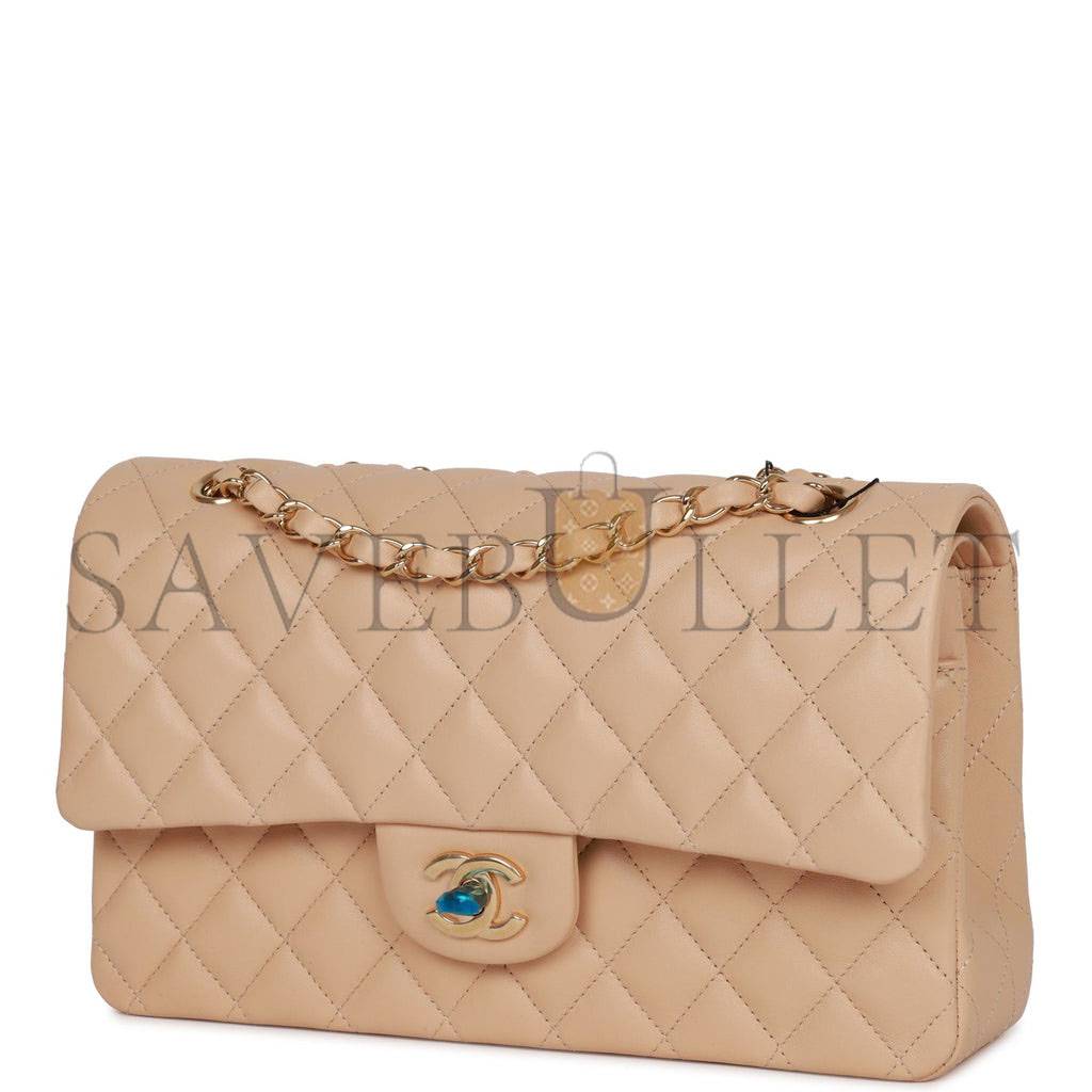 Ch*el medium classic double flap bag beige lambskin light gold hardware (25*15*7cm)