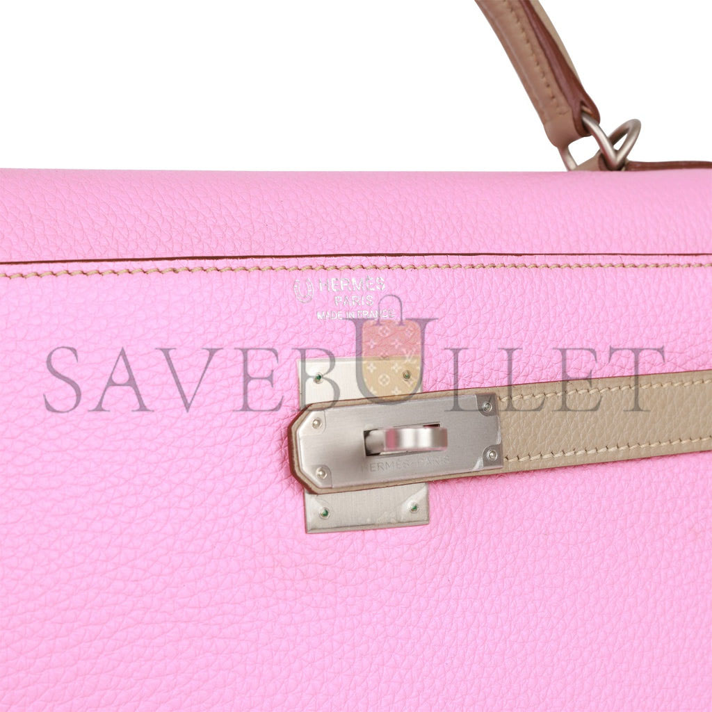 H**mes special order (hss) kelly retourne 32 bubblegum and gris tourterelle clemence brushed palladium hardware (32*23*10.5cm)