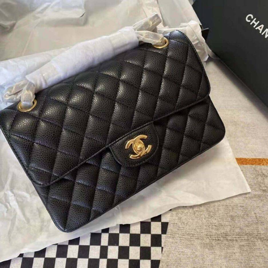Ch*el classic flap medium black lambskin leather gold hardware (25.5*15.5*6.5cm)